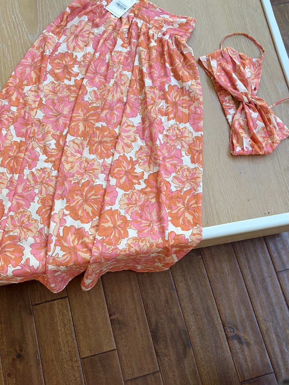 Cream Orange and Pink Floral Midi Skirt with matching top